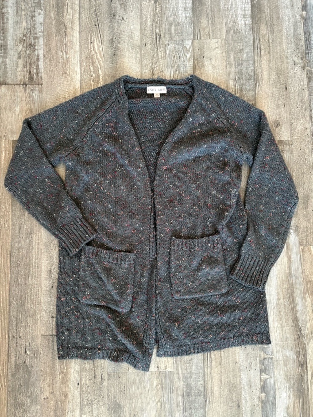 Knox Rose Dark Gray Tweed Open-Front Cardigan with Flecks